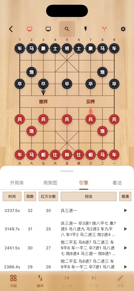 象棋工具箱实际界面:棋盘局面和引擎分析候选着法